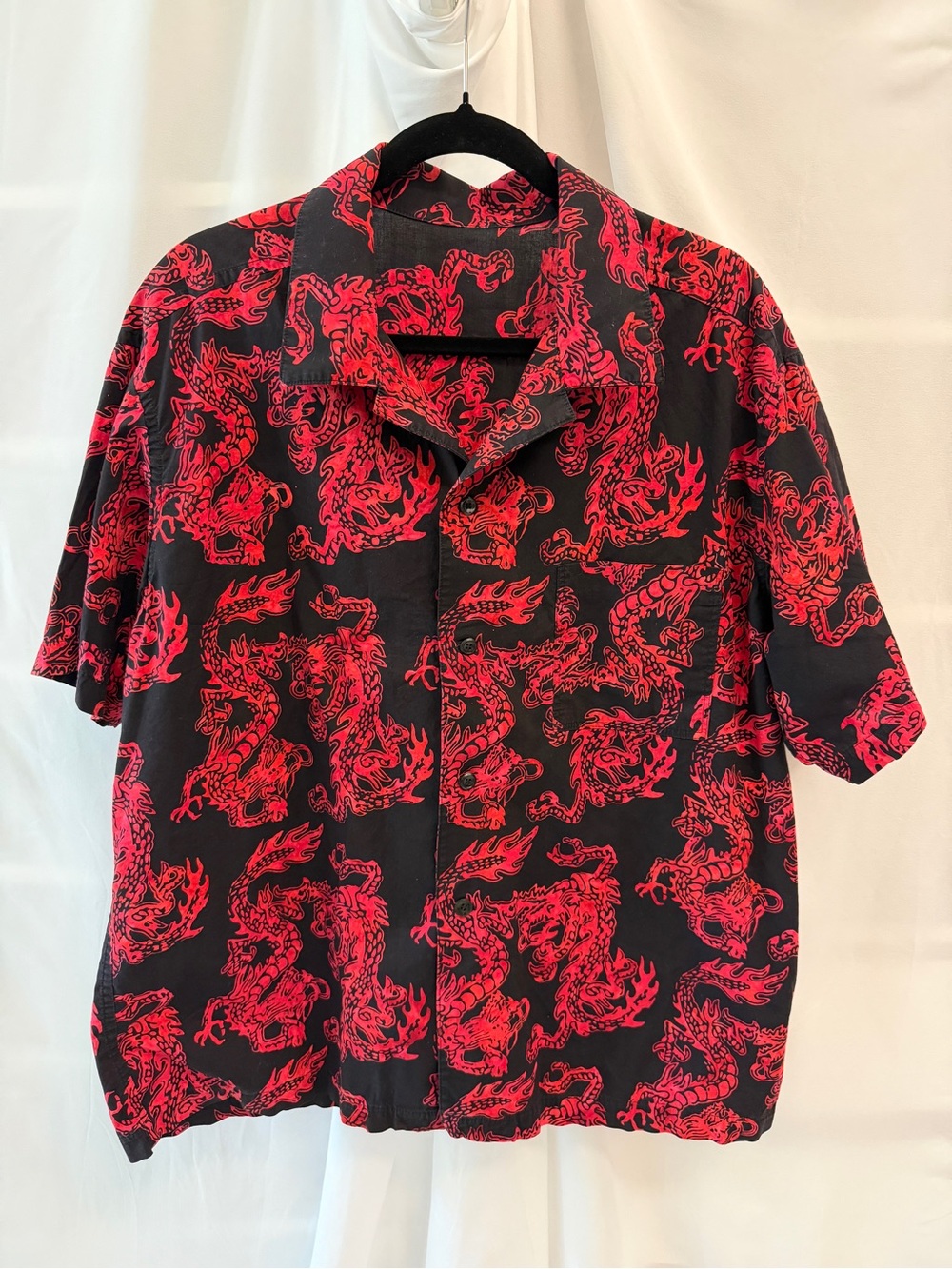 Vintage Y2K Red Dragon Print Button Up Shirt Camp Collar Grunge Mall Goth XL
